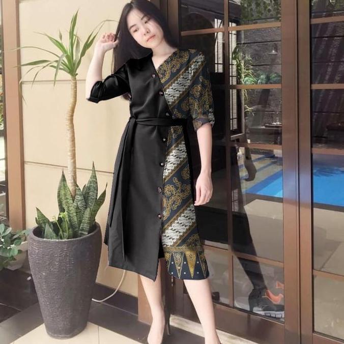 AI171 }} BJFashionWanita / Dress Lauren Batik / Dress Batik / Dress Kombinasi Bunga / Dress Kombinas