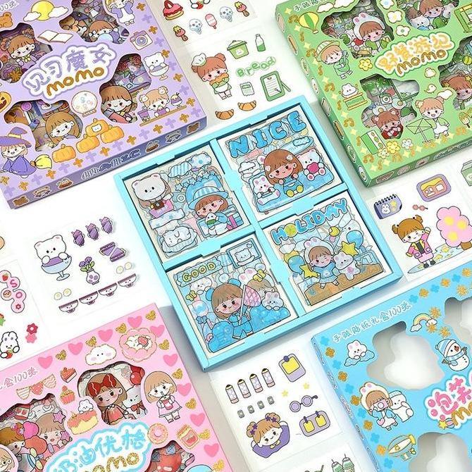 Purple- (1 Box Isi 100 Pcs) Sticker Pvc 2D Tumblr Lucu Karakter Anti Air / Stiker Momo Diy Aesthetic