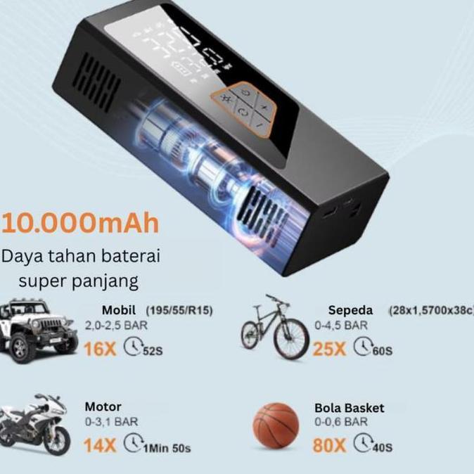 Pompa Angin Ban Motor Mobil Sepeda Bola Air Pump 2 Mode Wireless & Colok Lighter Portable 10000Mah