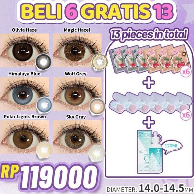 Eyex- [Beli 6 Dapat 13] Mysticeyes Softlens Normal Big Eyes 14.0Mm-14.5Mm 6 Pasang Softlens+6 Lensca