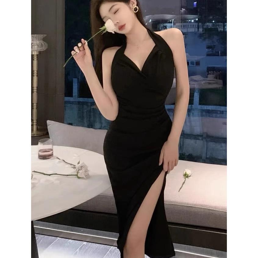hot sale yimita summer hitam mini dress korea wanita black dress night dress tanpa lengan party simp