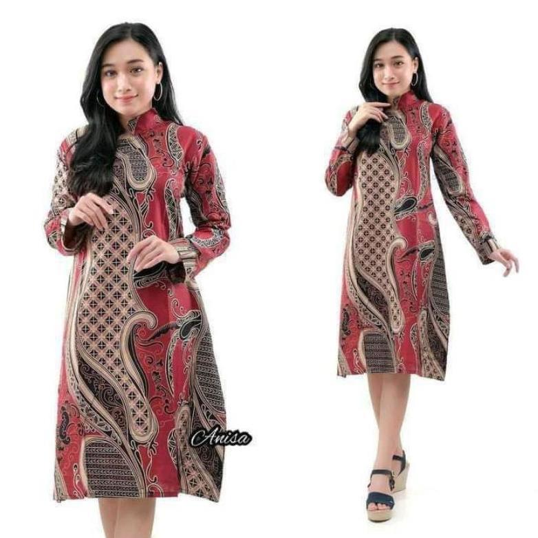 Murah Tunik Batik Murah Pekalongan Tunik Batik Merah Marun Atasan Baju Batik Wanita Lengan Panjang A