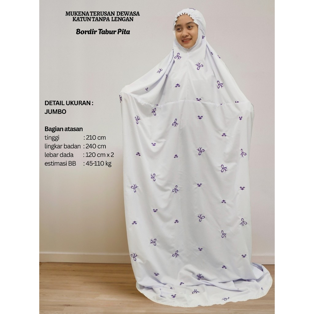 Mukena Terusan Langsungan  Tanpa Lengan Dewasa Jumbo Katun Polino Motif Bordir Tabur Pita