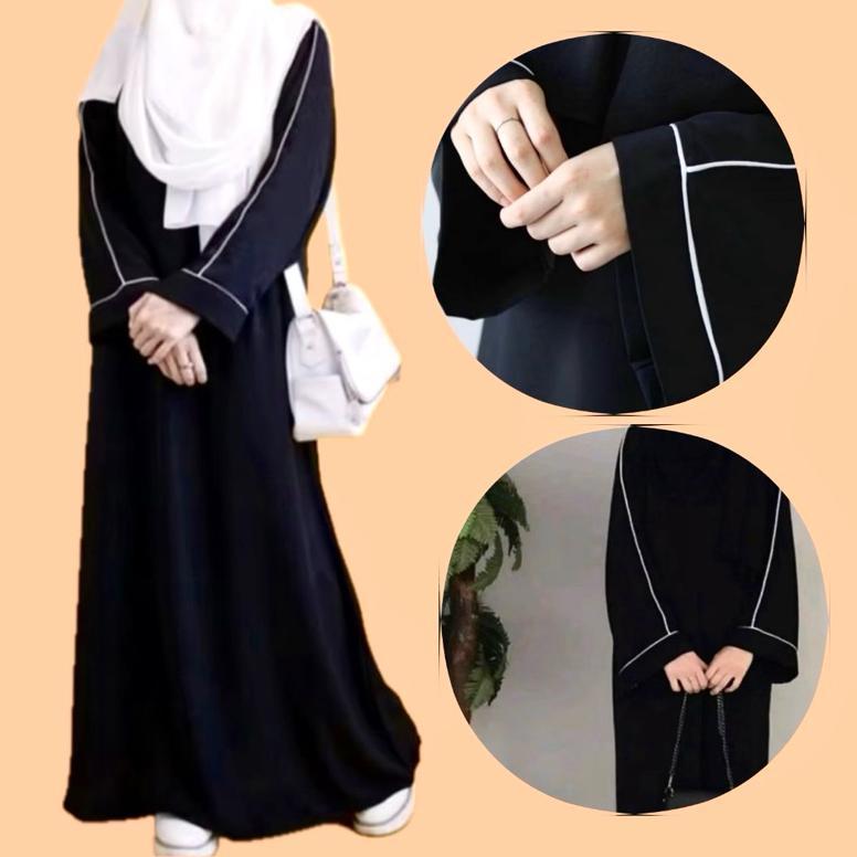 Grosir Abaya Motif Garis List Putih (Cod) / Abaya Polos / Abaya Hitam / Gamis Polos