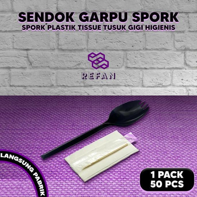 Sendok Garpu Spork / Spork Plastik Steril / Spork Hitam Set / Spork Plastik Tissue Tusuk Gigi Higien
