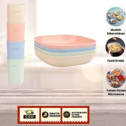 [SPECIAL CREHOM] freemir Piring 4 Pcs + Gelas 4 Pcs Bahan Serat Jerami Gandum Food Grade Tahan Panas