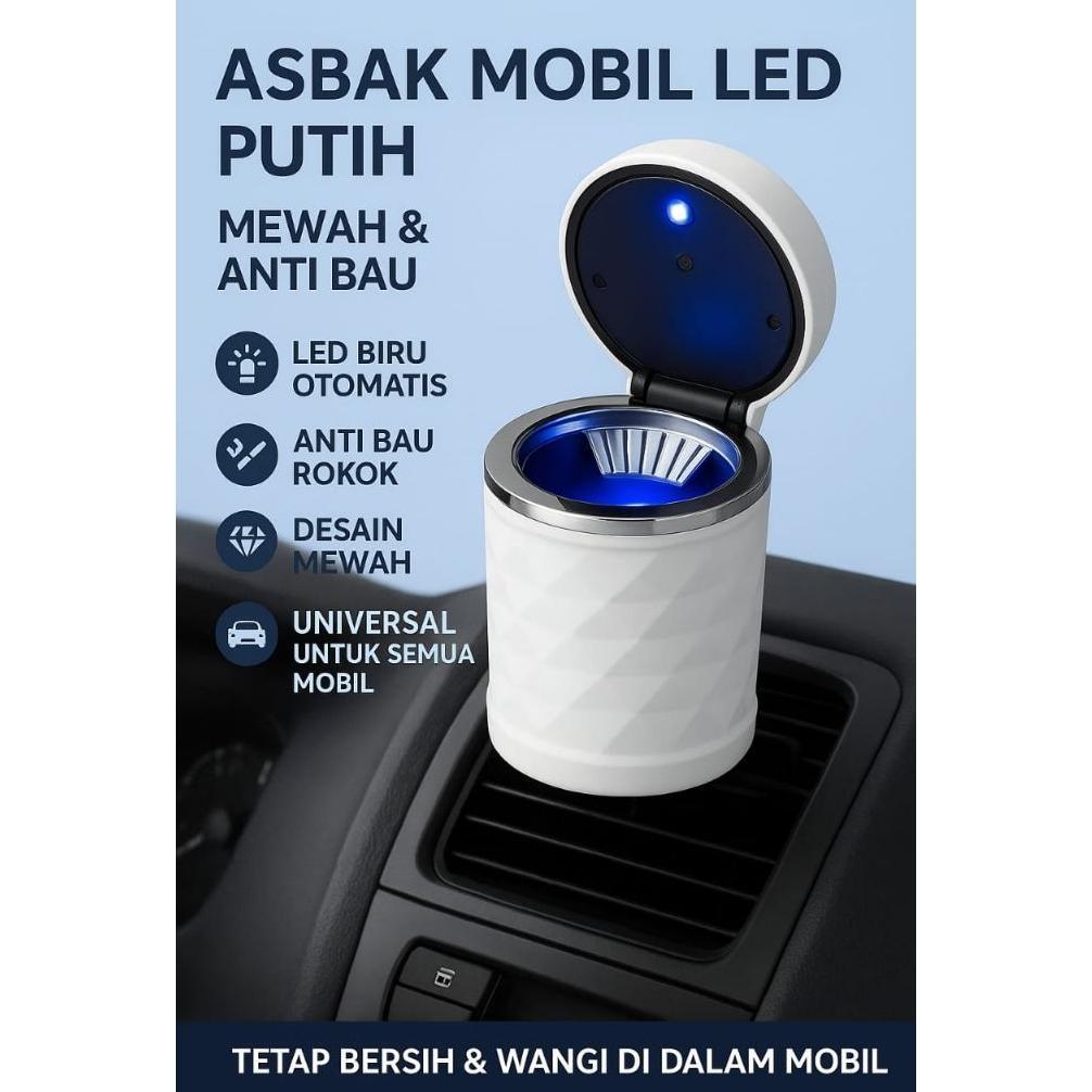 BESTPROMO Asbak Mobil LED Putih Anti Bau Rokok Lampu Biru Otomatis Desain Mewah Universal