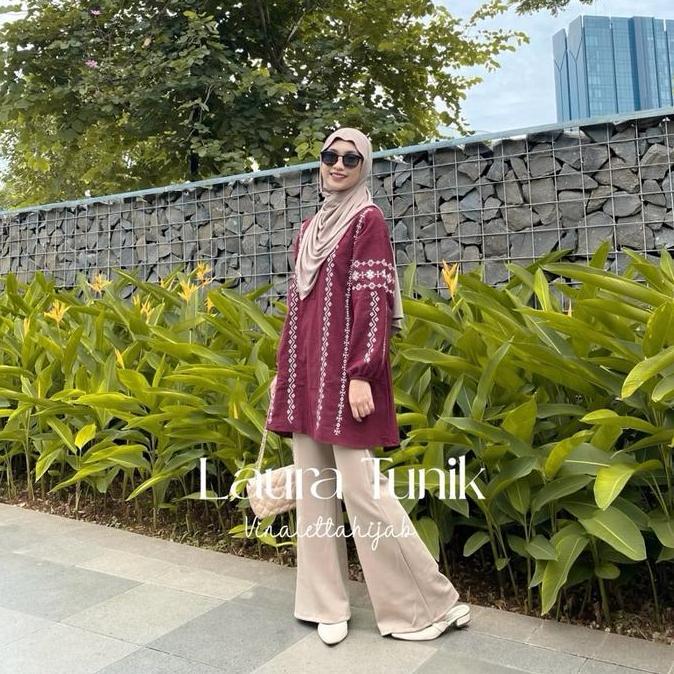 Laura Tunik Tunic atasan raya lebaran Idul fitri Ethnic Cantik Linen Muslim Panjang Wanita Katun Bas