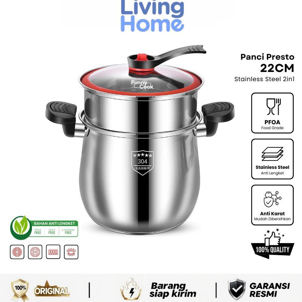Living Home-Panci Presto 22CM Stainless SUS304 Pressure Cooker 4L Premium Anti Lengket