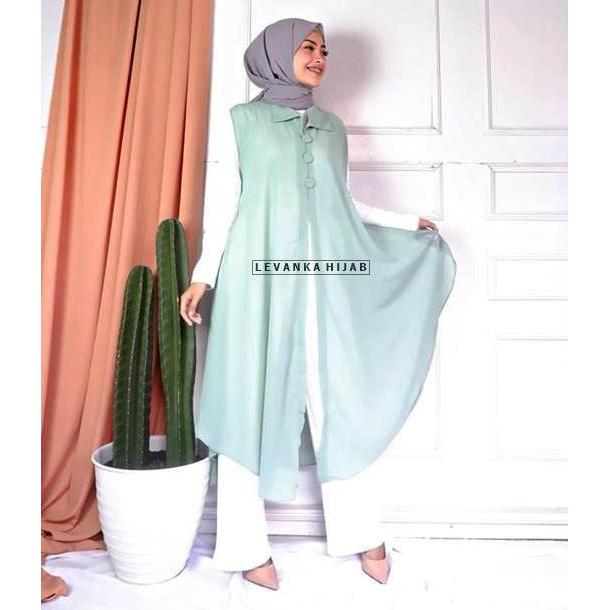 Long Vest Outer Ceruti / Cerutty Polos tanpa lengan model Kancing / Outer Hijab Kekinian Panjang Bel