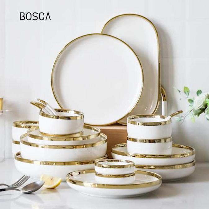 Bosca Living - Set Piring Makan isi 26 pcs / Piring Makan List Gold / Piring Makan Set / Set Piring 