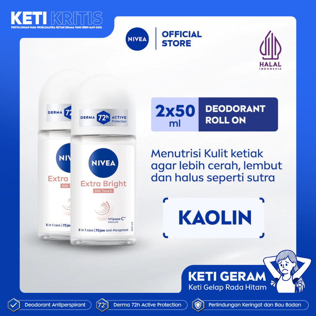 (PAKET HEMAT ISI 2) NIVEA Deodorant Roll On Brightening Silk Touch 50ml - Deodoran wanita mencerahka