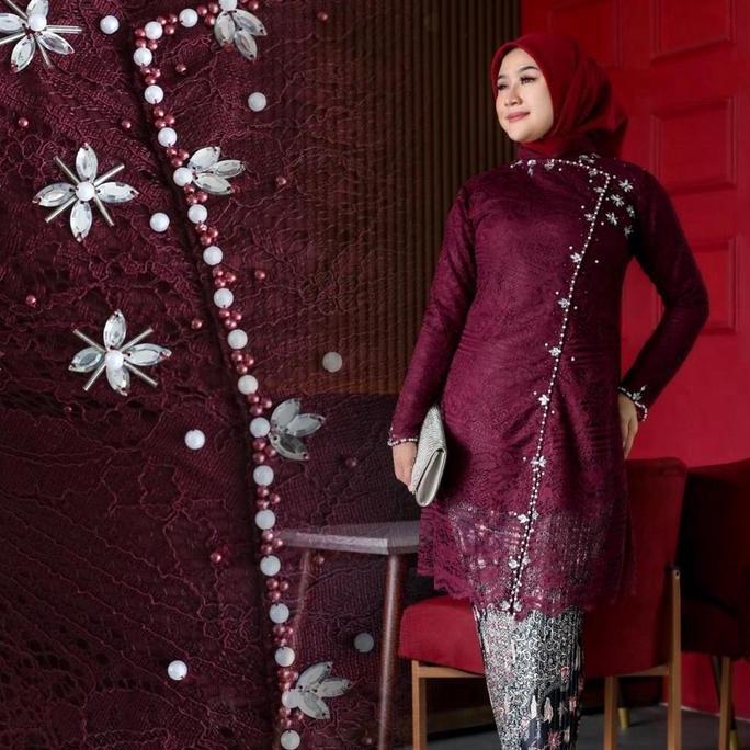 MD48 }} New Proudct One Set Baju Kebaya Janggan Brokat Payet Jumbo XXXXL Ld 130 Cm Kebaya Tunik Jang