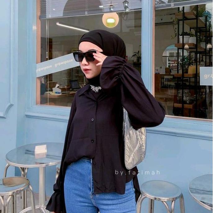 Iyakirim- Hylooks Zeya Shirt Kemeja Tali Rayon Crinkle Korean Style Atasan Wanita Serut Panjang Over