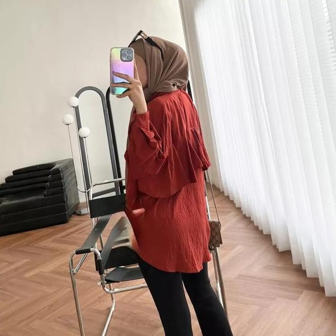 Iyakirim- M K Z _Top Blouse Back Layer/Kemeja Blouse Polo Linen Rempel Belakang Polos Wanita