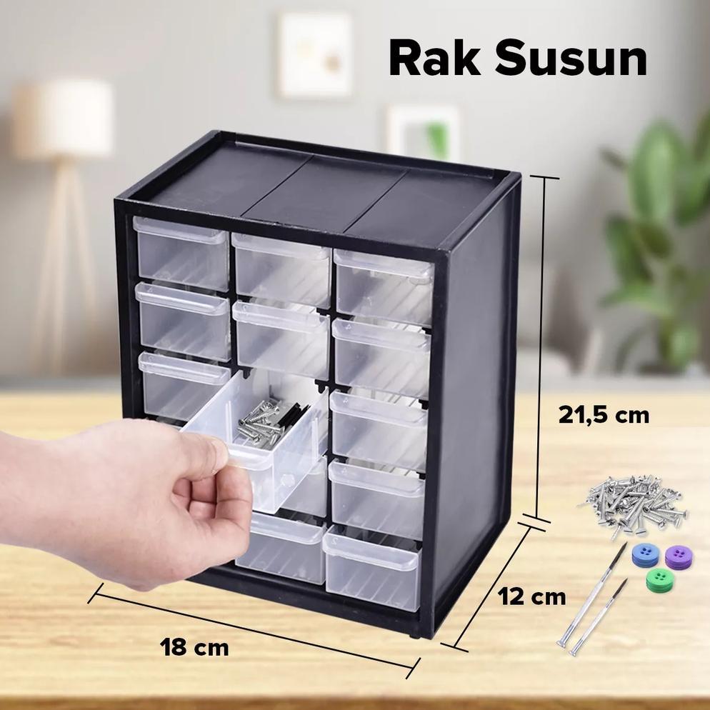 Etalase Mini Kotak Obat2an Laci Kecil Susun Rak Plastik 15 Slot Kotak Spare Part Kenmaster FREE BUBB