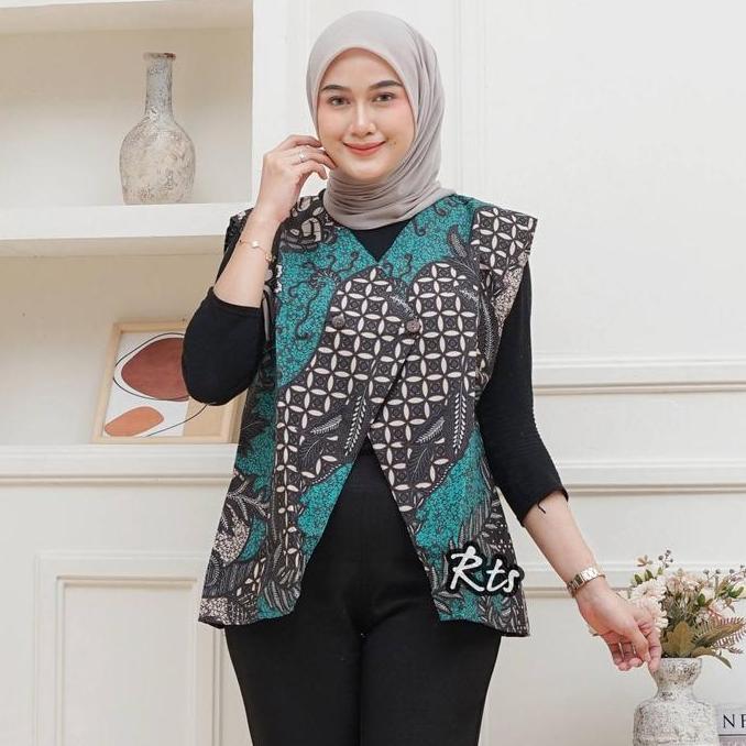 Iyakirim- Vest Batik Wanita Rompi Batik V-Neck Atasan Wanita Outer Batik Kekinian