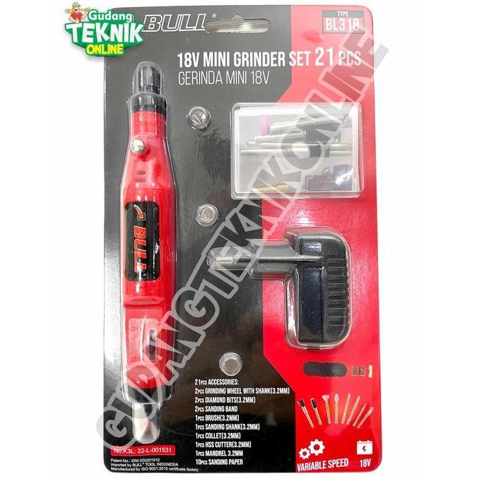 BAJANTEKNO BULL Mini Die Grinder Set 21pcs 18V BULL BL318 BLISTER / Alat Gerinda Bor Tuner Mini Keci