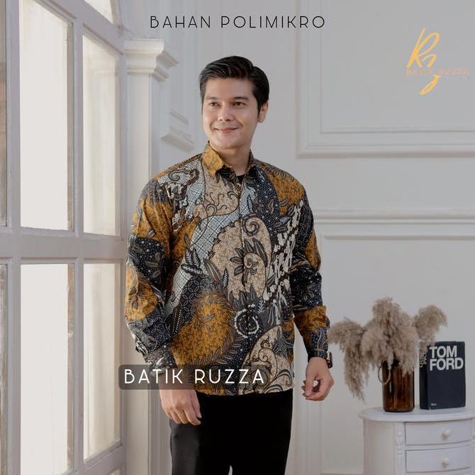 Xxxy- Batik Ruzza Kemeja Pria Lengan Panjang Dewasa Motif Ruzza Warna Hitam Abu Coklat Baju