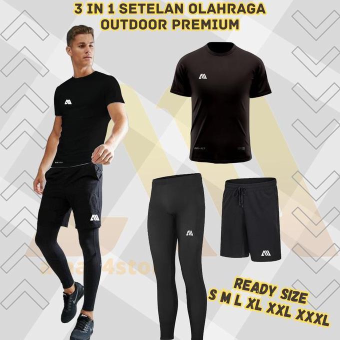 TERBARU - 3 In 1 Stelan Olahraga Atasan Kaos Jersey Polos + Celana Pendek Sepak Bola Futsal + Celana