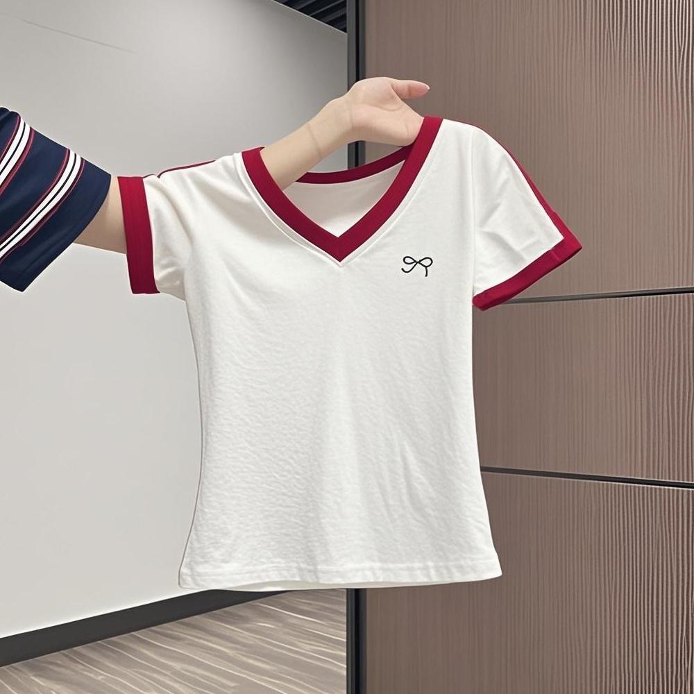 HOT DEALS Kaos crop top import sulaman busur leher V putih wanita korean