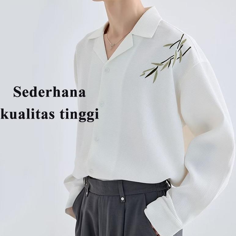 BIG SALE Kemeja Pria oversize V Neck Kemeja hitam lengan panjang pria Desain bordir daun bambu kanto