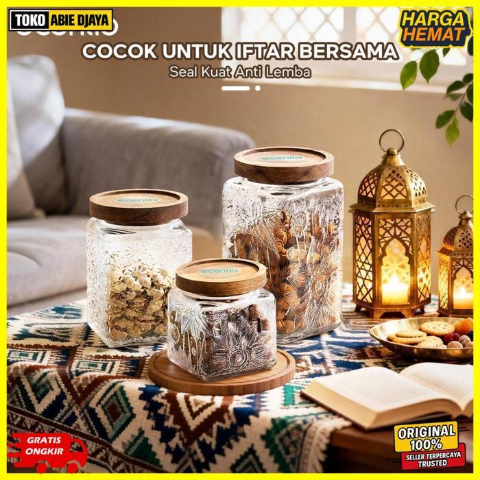 Exclusive Ecentio Toples Mewah Aesthetic Ramadan Emas Kaca Ukuran Besar Untuk Lebaran - Toples Kue K