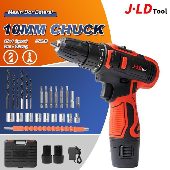 Kokok- Jld 12Vf Mesin Bor Baterai 10Mm 2Baterai 1Set Lengkap Murah Bor Listrik 1750Rpm 24Pcs Alat Bo