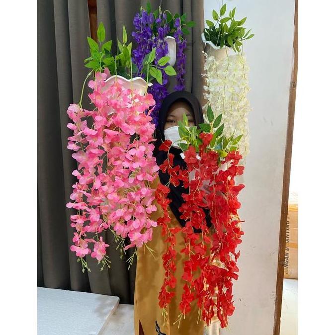 Kantowi- Bunga Hias Dinding Sakura Juntai Dengan Pot Tempel Plastik Dekorasi Rumah Tanaman Hadiah Be