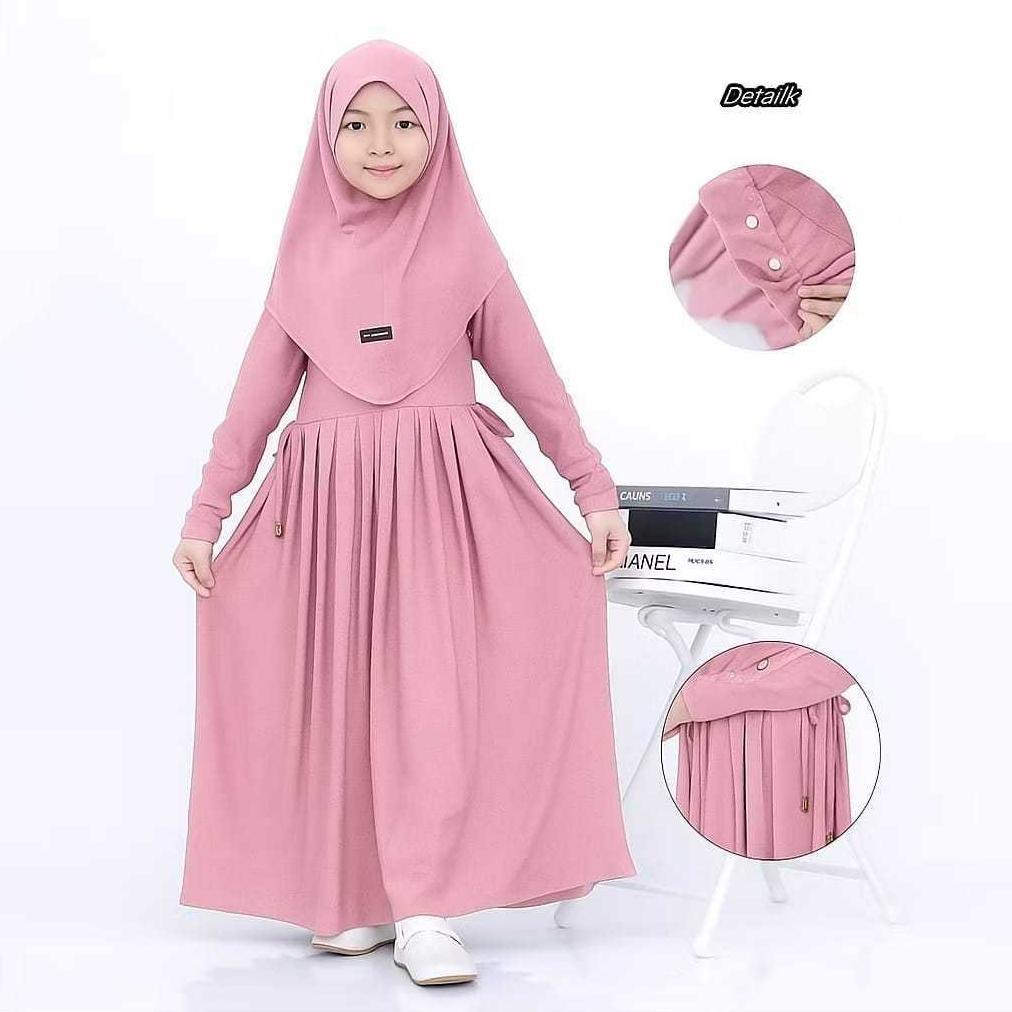 DISKON GAMIS ANAK JERSEY INARA SET HIJAB BAJU MUSLIM PEREPUAN 2-12 TAHUN PINGGANG SERUT TALI HIDUP S
