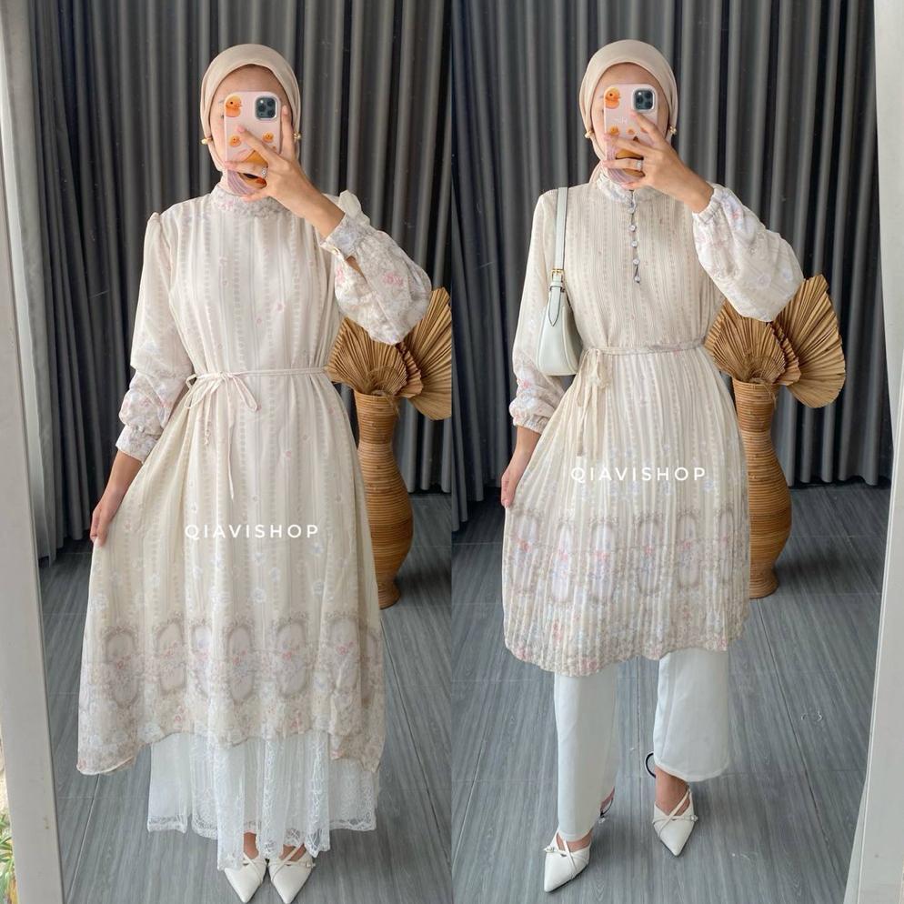 DISKON QIAVI SHOP - REVI TUNIK / TUNIC ATASAN PLISKET SIMPLE MEWAH MOTIF CANTIK WARNA PASTEL KUALITA