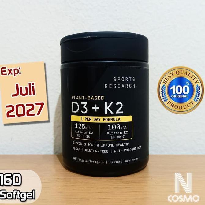 Sports Research D3 + K2 160 Veggie Softgels with Coconut MCT Oil 125 mcg 5000IU D3 125mg K2 100mg
