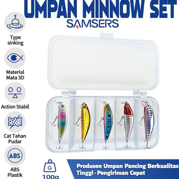 sahaneka2 - samsers outdoor umpan pancing minnow sinking 5.5cm/6g 5pcs set 5 warna mata bkb untuk ca