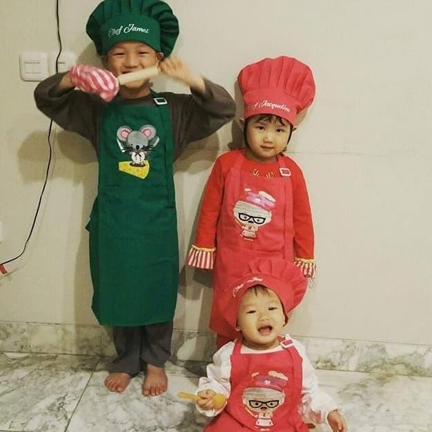 celemek anak & topi hijau toska dan pink tua