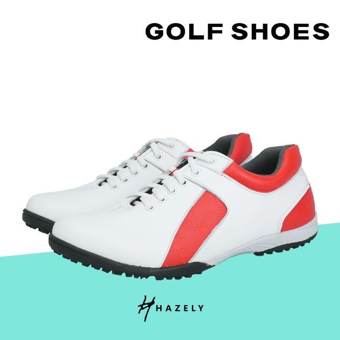 Hazely Official Sepatu Golf Uni Marva Series Warna Putih Orange, Kulit Handmade, Tahan Air, Sol Berg