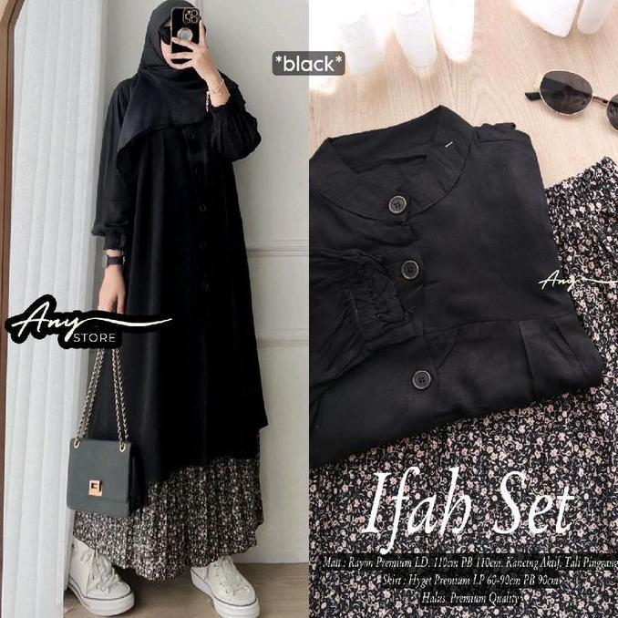 DISKON SPECIAL  ifah one set tunik dan rok by A.N.Y store long tunik rayon rok plisket motif bunga s