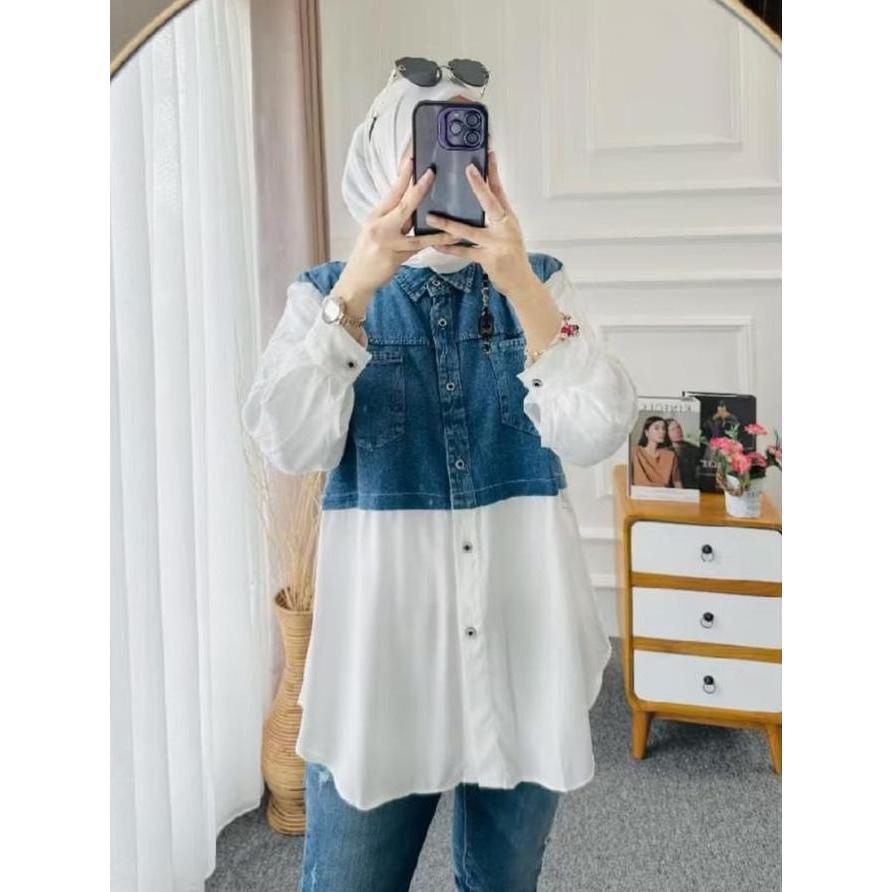 Willply Jhon.Id Devina Kemeja Semi Tunik Bahan Soft Jeans Kombinasi Rayon Twil Baju Wanita Panjang A