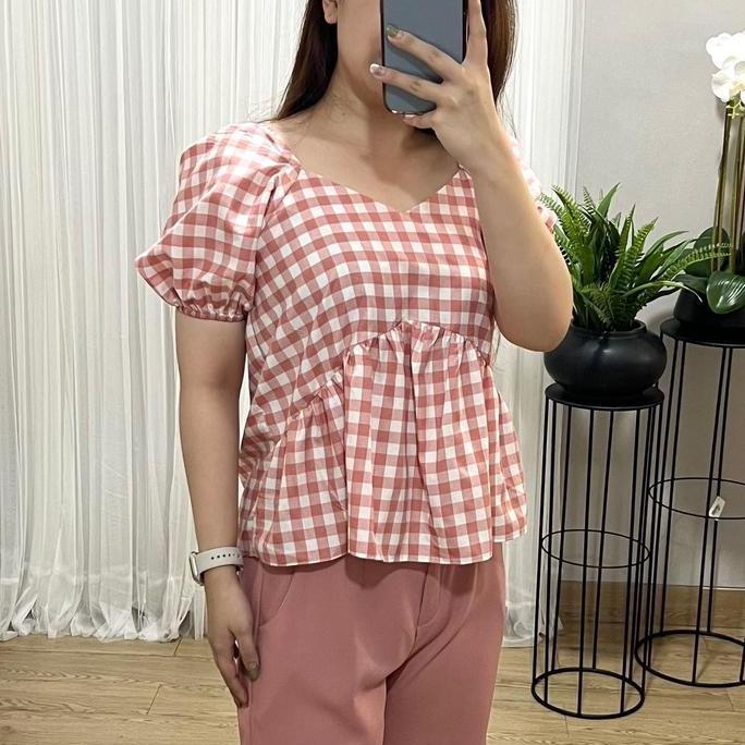 (Victoria Wear House) Ara Top Baju Atasan Lengan Balon Puffy Sleeve Motif Kotak-Kotak Blouse Wanita