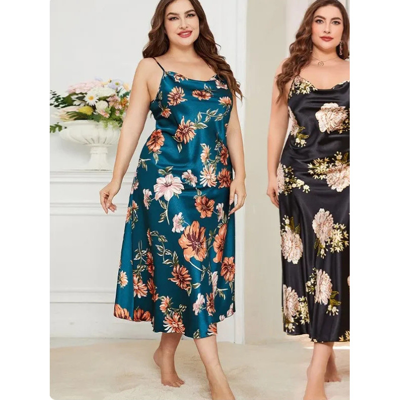 XL-5XL Big Size Sexy Suspender Nightdress Sleepwear Lingerie Summer Women Nightgown Loose Silky Sati