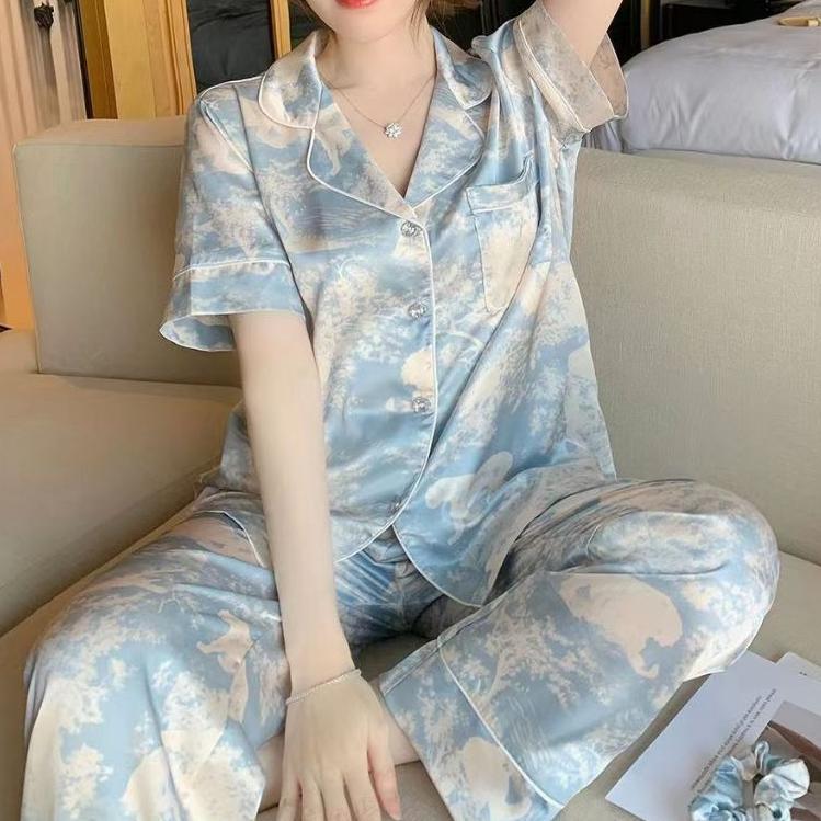 2025 piyama sutra sutra es tie-dye baru piyama wanita sutra manis dan indah angin lengan pendek cela