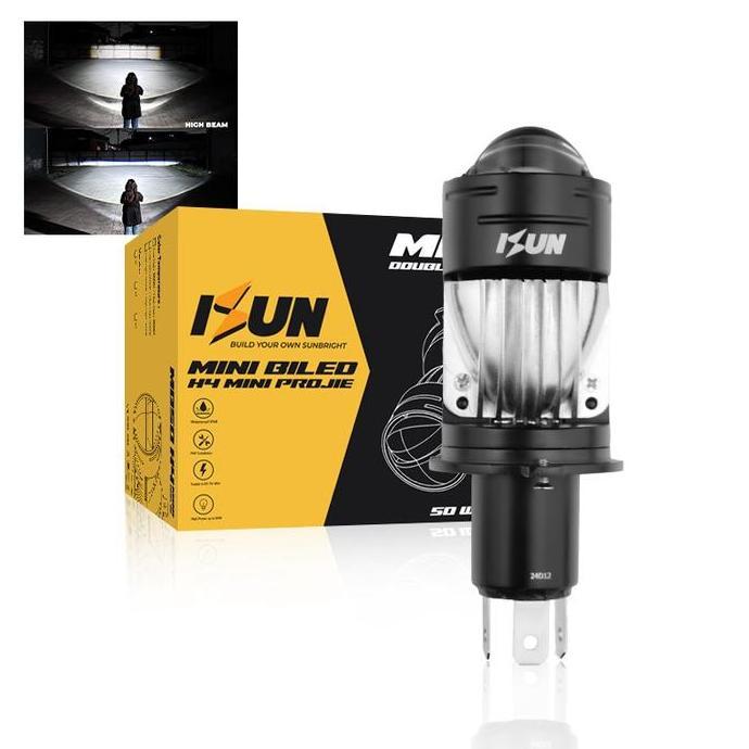 PROMO DISKON - ISUN Lampu H4 Mini BILED MB50 dengan Double-Lens Laser dan Kipas Pendingin DC9-60V/50