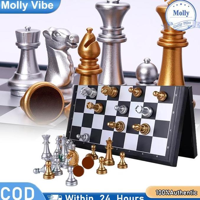 Papan Catur Magnet 25x25cm 32 Bidak Emas & Perak Papan Lipat Permainan Puzzle