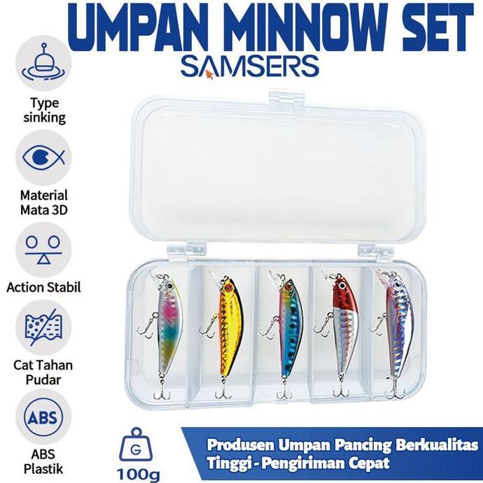kick_doller - samsers outdoor umpan pancing minnow sinking 5.5cm/6g 5pcs set 5 warna mata bkb untuk 
