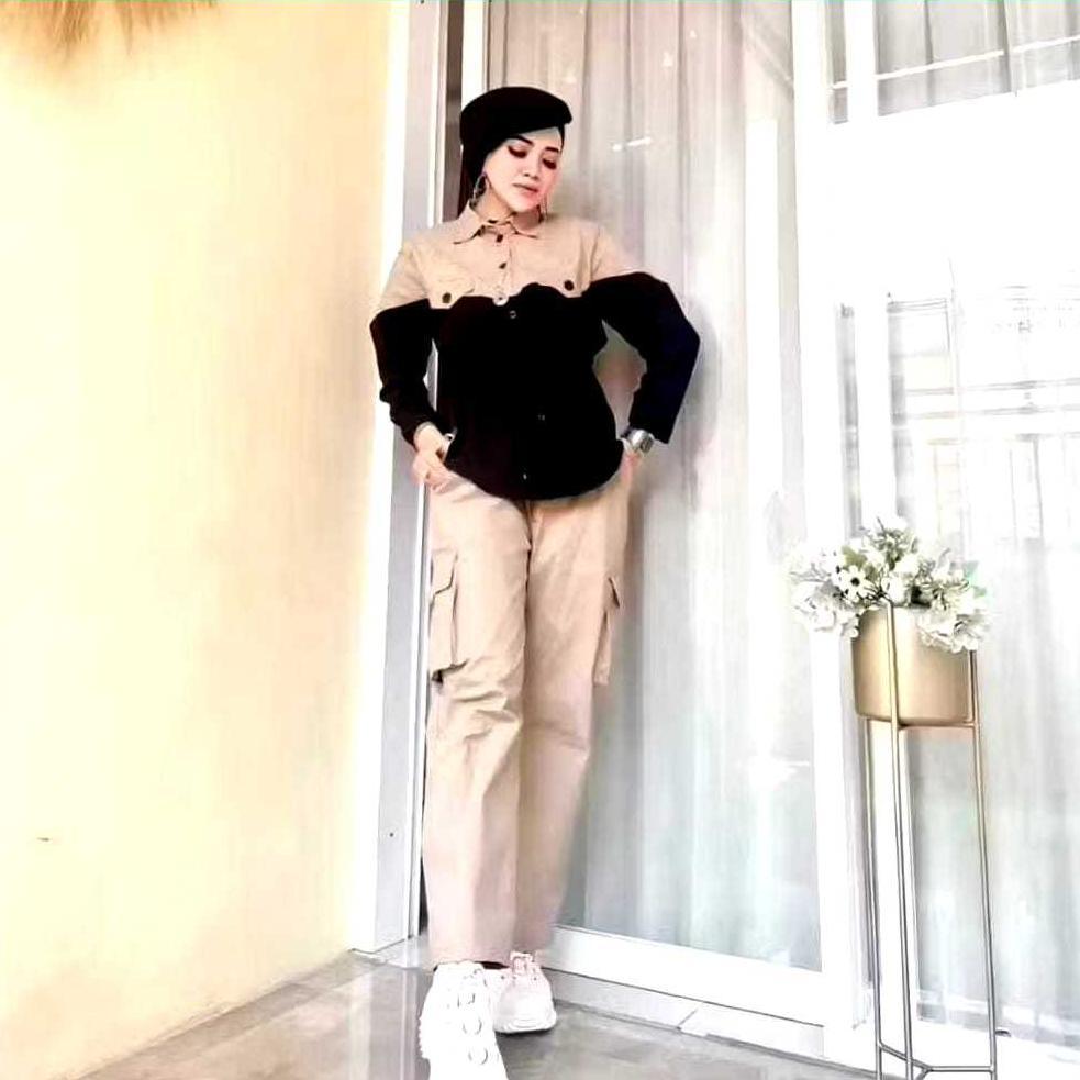 NEW BAJU WANITA SETELAN POLOS KOMBINASI SET CARGO LENGAN PANJANG CELANA PANJANG//SET WANITA KEMAJA K
