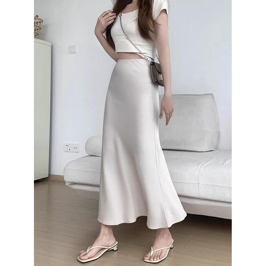 8807 Rok ekor ikan satin asetat untuk wanita mungil berpinggang tinggi rok midi a-line HS