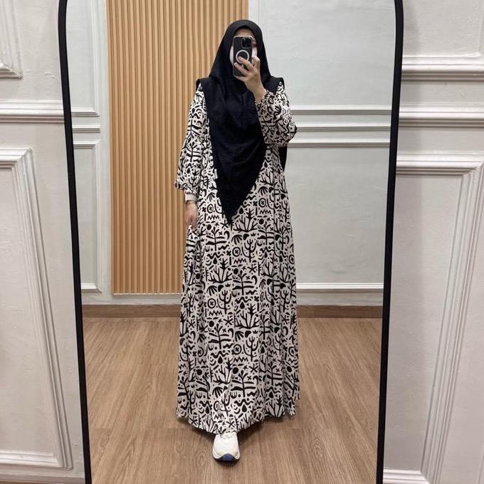 Tania Dress Gamis Rayon Viscose Busui Friendly Tanpa Hijab Manset Karet Tangan Semi Balon