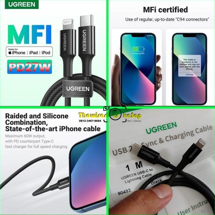 TERBARU - Kabel Data Ugreen USB C to Lightning iPhone to C 1m nylon 90493 MFI
