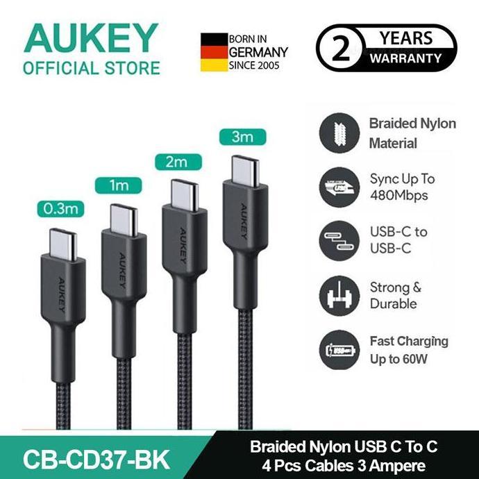 AUKEY Kabel Charger ( 4pcs ) USB-C To USB-C Braided Nylon 3A CB-CD37