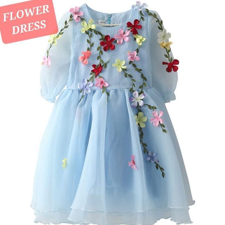 FLOWER DRESS GAUN BUNGA ANAK CEWEK ALA KOREA FASHION IMPORT CASUAL PUTIH PINK BIRU