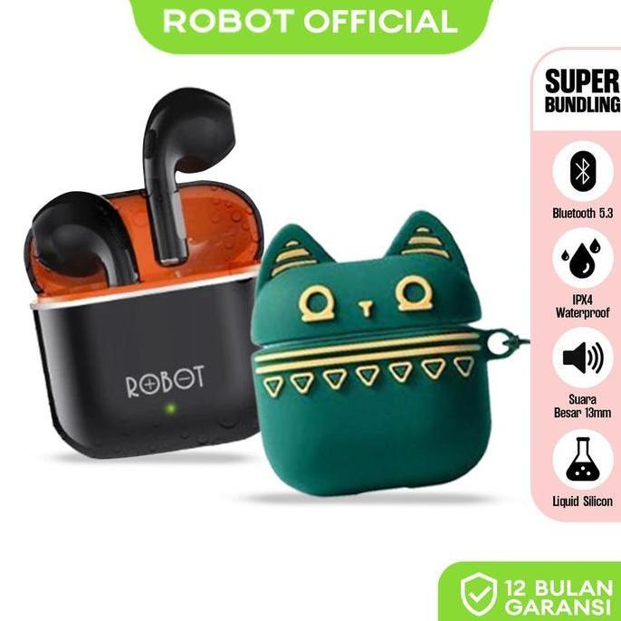 Paket Bundling TWS + Case - Robot TWS Wireless Earphone Airbuds New T50S dan case T50S Original BT 6